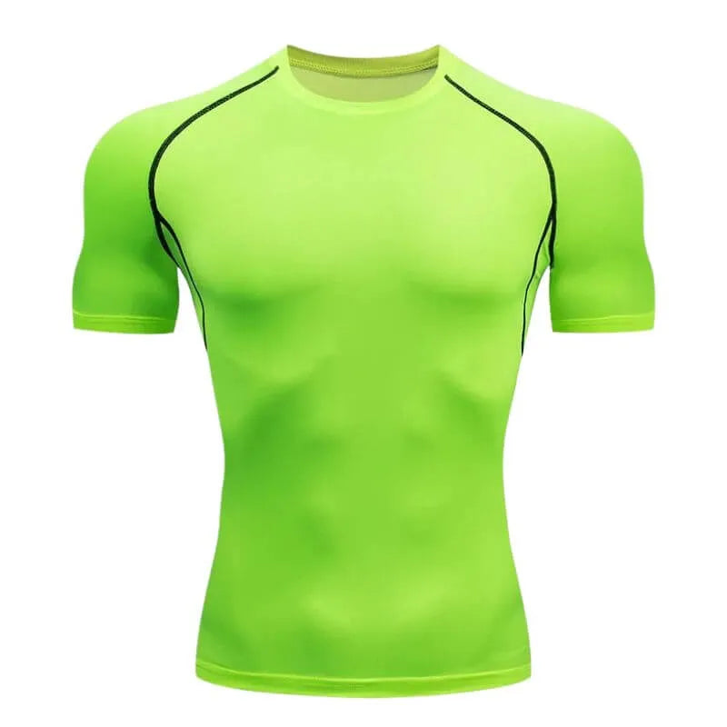 Camisa de compressão masculina verde neon com costura preta, tecido tecnológico respirável para performance esportiva e treino funcional