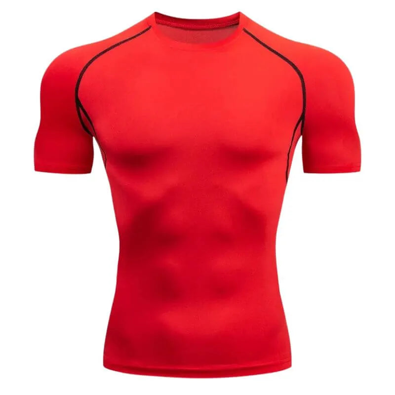 Camisa de compressão masculina vermelha com detalhes pretos, ideal para academia, feita em poliamida e elastano com ajuste anatômico