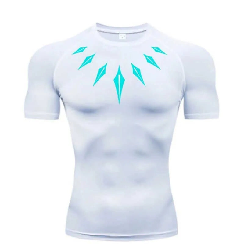 Camisa de compressão masculina branca com estampa azul gelo geométrica, modelo elástico para treino e visual temático