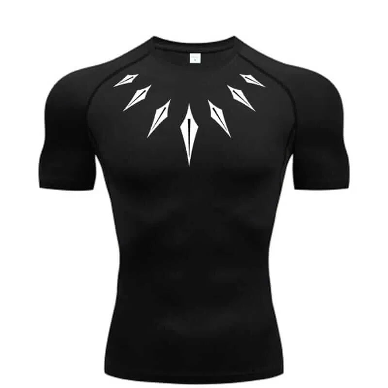 Camisa de compressão masculina preta com colar branco estilo Pantera Negra, tecido dry fit para academia e performance