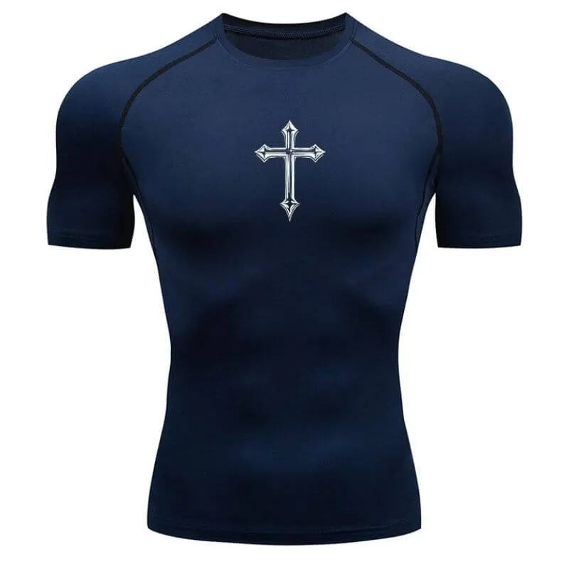 Camisa de compressão masculina azul marinho com cruz prata no peito, tecido dry fit para treino e musculação