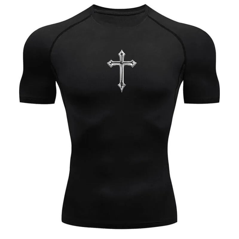 Camisa de compressão masculina preta com cruz prata, tecido tecnológico com ajuste anatômico para academia e performance esportiva