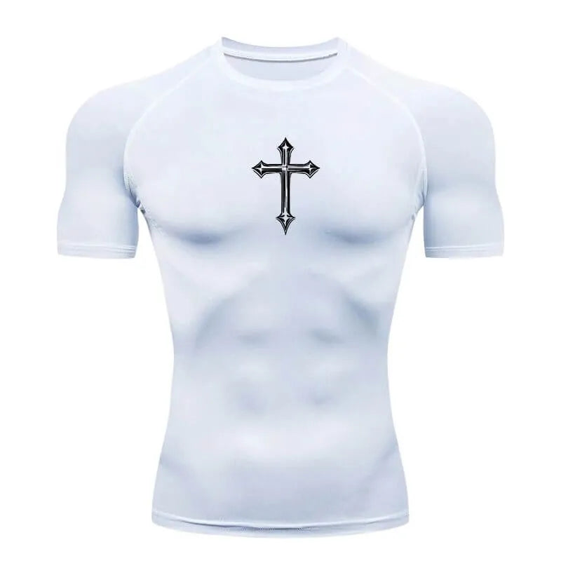 Camisa de compressão masculina branca com cruz preta, modelo dry fit respirável para treinos intensos e expressão de estilo
