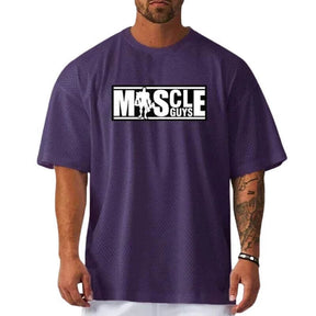 Camiseta oversized masculina roxa com estampa MUSCLE GUYS, estilo streetwear para treino e lifestyle