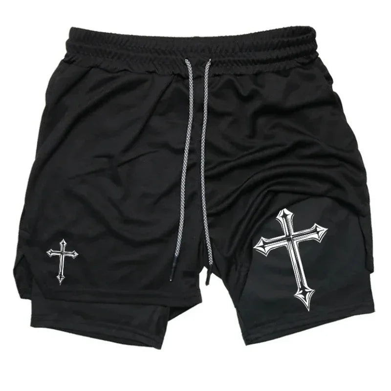 Short masculino preto com estampas de cruz branca, modelo esportivo com ajuste confortável para treino e estilo urbano