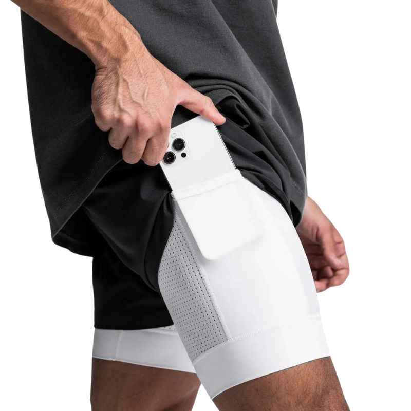 Short de compressão masculino branco com bolso lateral para celular, tecido respirável para treino e corrida