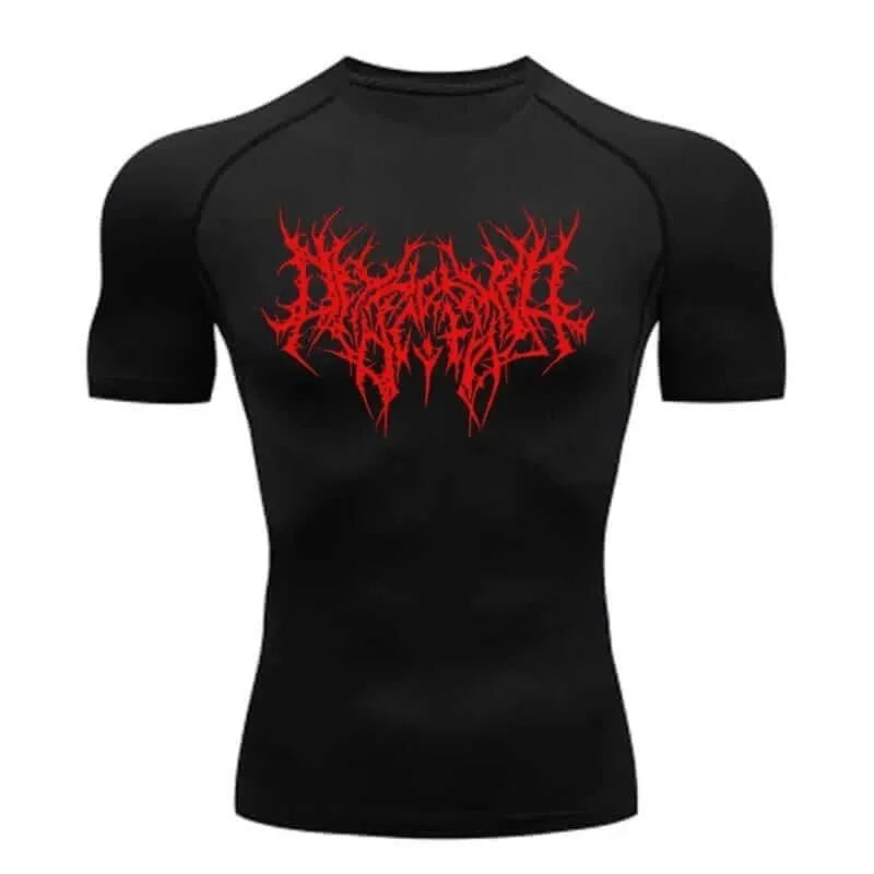 Camisa de compressão masculina preta com estampa vermelha estilo metal, ideal para treinos intensos e visual agressivo