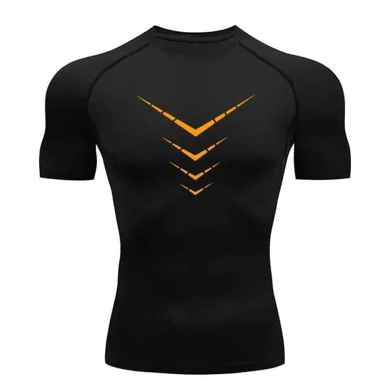 Camisa de compressão masculina preta com estampa laranja em chevrons, ideal para treinos intensos e performance funcional