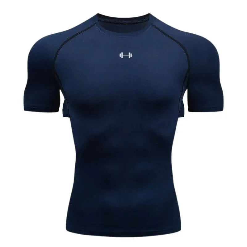 Camisa de compressão masculina azul marinho com logo branco e costura preta, tecido dry fit para treino e musculação